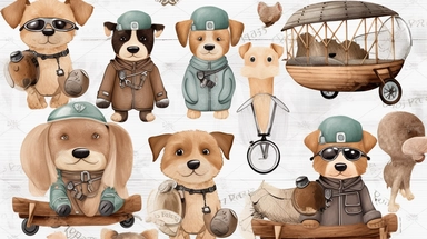 Wood dog Pilot Clipart, balloon with a basket , Aviator Clipart, cute sweet dogs Illustrations vintage