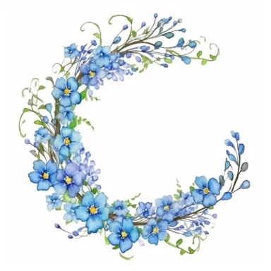 clipart of a sharp and delicate floral garland, without too much flowers and leafs watercolor using forget-me-nots flower, studio ghibli watercolor style, isolated on white background, maximalism, complex, very high definition