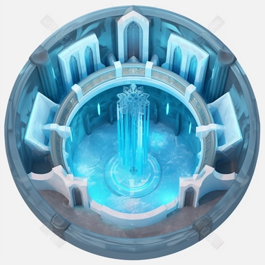 inside of the frozen animation castle ,ice snow castle inside in castle, top view, circle format, clipart