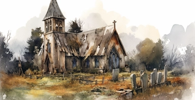 Abandoned rustic church and graveyard, ornamental watercolour clipart, I can't believe how beautiful this is