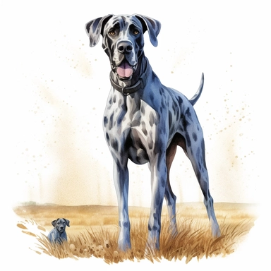 high detailed, Hand drawn watercolor clipart of a happy Great Dane on a farm, on a pure white background for background removal, no shadow, no paint splash
