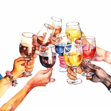 watercolor, Friends hands holding glasses and mugs with champagne, wine, beer, cocktail and tea, and cheers or drinking toast to friendship. png Full body realistic cartoon in 32K UHD cute. 15 cm thick outline. Black color. There was no shadow on the ground. 8k with realistic watercolors and detailed illustrations. PNG clipart, transparent white background