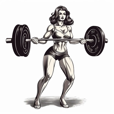 beatifiul female bodybuilder lifting barbell, fullbody, showing abs, clipart, black and white, detalied illustration, clipart