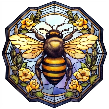Stained Glass Bumblebee with Flowers, Clipart, Clear Clear Colors, Photorealistic, Oil Paint, Happy, Beautiful, Bright Colors, Cute, Ultra Detailed, White Background