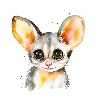 watercolor clipart of Tiny and adorable sugar glider, super cute, loveable, big eyes, white background