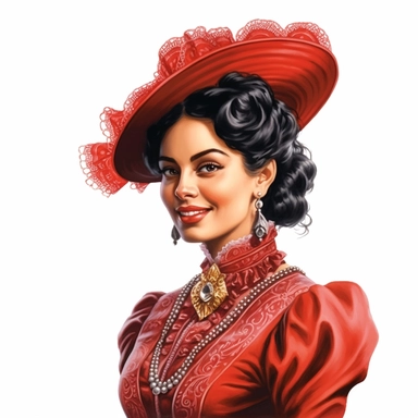 beautiful victorian indian lady, looking left, victorian hairstyle, victorian hat, Victorian era clothing, beatiful smile, realistic inverted portrait white background, high quality, hyper-realistic, Victorian Lady Clipart,red colors