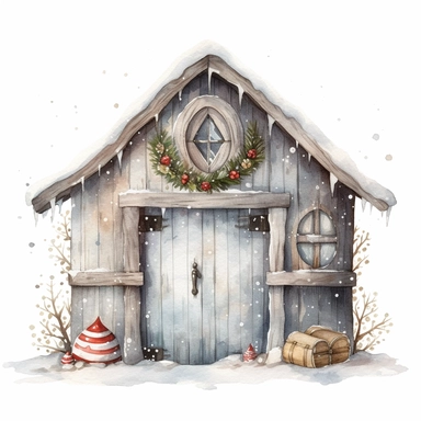 A watercolor painting of a cute empty barn with door open in Bethlehem Christmas, cute detailed digital art, inspired by nicoletta ceccoli, by Kubisi art, whimsical and cute, by nicoletta ceccoli, cute detailed artwork, glimmering, adorable and whimsical, whimsical art, Clipart style, png style, svg style, blank white background, a solid white backgrounnd