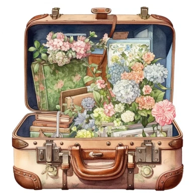 an open old brown leather suitcase full of pastel English roses and hudrangea, clip art painted by ann buccarelli, watercolor, white background, watercolour, insanely detailed, on white background, amazing colour combo of pale colour flowers, with detailed watercolor blooms of spring garden flowers,bec winnel, intricately textured, close up, walter Langley, lucy grossmith, heavy impasto technique, detailed shading, atmospheric watercolours, on white background clipart