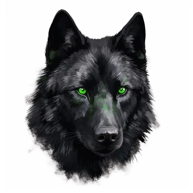 a watercolor of a realistic green eyed black dire wolf forrest, wild life Style, vector free clipart illustration, in the style of unreal engine 5, 32k uhd, detailed features, white background