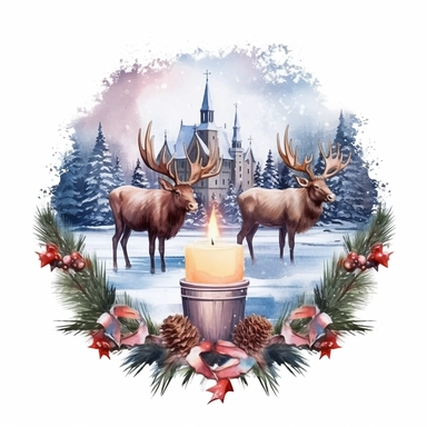 vintage design, advent wreath around, christmas theme with moose oil paining Clipart Collection in beautiful winter landscape with a lot of snow and a small lake and a small town with church, advent wreath around, christmas theme, detailed, isolated, white background, one pattern
