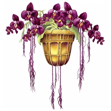 Design a dreamy watercolor clipart of a chinese Hanging macrame planter of Exotic orchid blooms in deep purple, burgundy, and gold arranged in a striking and elegant design composition, hand-painted with soft and graceful brushstrokes. Draw inspiration from the artistic finesse of Ethereal Petals Watercolors for a refined and ethereal depiction. isolated on a white background, hand-drawn illustration, hand-painted watercolor texture, 16k UHD resolution, intricately detailed, sharp focal points, 
