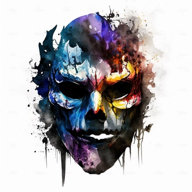 scary halloween mask watercolour tempera clipart illustration, vivid dark colours, clean, crisp, smooth, white background
