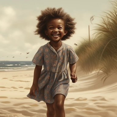 Happy Black Girl Smiling five year old , lplaying on beach in sag harbor art,black girlsclipart, Funny black girl , Cheerful african american girl child png, clipart, afro ,Full body with legs , Cottage core , preppy , Highly detailed close-up portrait , standing , Nicoletta Ceccoli, Mark Ryden, lostfish, Earl Nor, global lighting, divine rays, detailed and intricate surroundings, sf, intricate artwork masterpiece, ominous, matte painting movie poster, blue ratio, trending on cgsociety, intricat