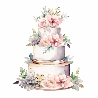 full perspective, watercolor three tier wedding cake clipart, add flowers and glitter, on a white background