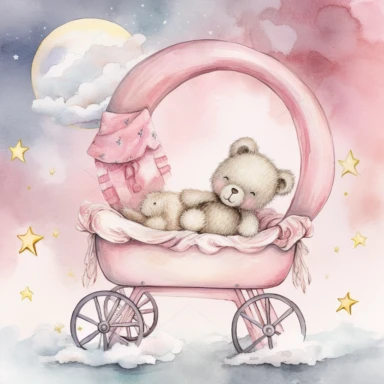 clipart, a whimsical illustration of a contented, loving and angelic baby teddy bear, wearing pajamas and pajamas hat, sleeping on a baby cart, surrendered by pink fluffy clouds, Use a smooth and light watercolor technique to give the artwork a dreamy and ethereal quality