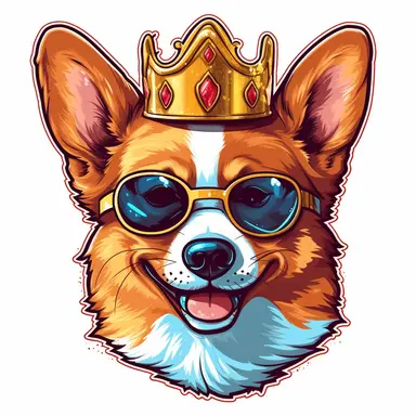 A sassy-looking corgi with sunglasses and a crown clipart