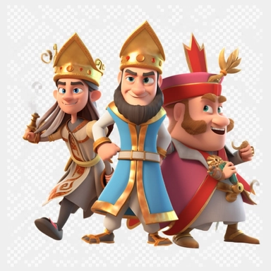 three cartoon characters in animation style, in a castle or country png clipart, in the style of cartoon realism, northern and southern dynasties, mosaic-inspired realism, 32k uhd, layered translucency, kushan empire, rubens