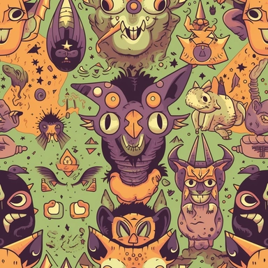 Comical Occult Creatures: Design a pattern that showcases the lighter side of satanic creatures and symbols using a humorous clipart style. Focus on capturing the amusing characteristics of characters like Baphomet wearing a party hat, a skateboarding demon, or a vampire sipping a cocktail. Employ a diverse range of colors, from dark, moody shades to vibrant, eye-catching hues, to create a visually captivating and entertaining composition.