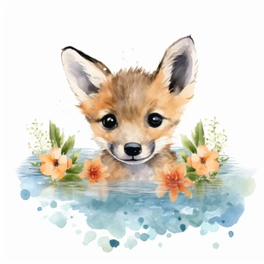 Baby Jackal swimming watercolor Clipart, floral, white background, cute