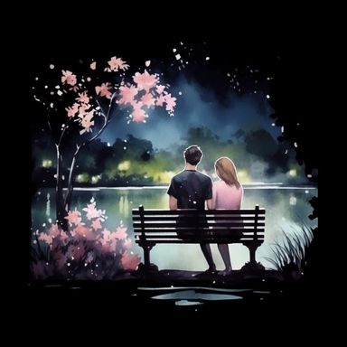 Watercolor, A couple by the river in bloom, night,clipart on black background