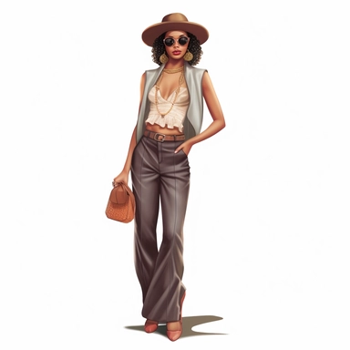 realistic illustration of Fashion-forward African American woman: Illustrate a clipart of a stylish African American woman wearing fashionable clothing and accessories. Showcase her confidence and individuality through her outfit and pose. clipart, isolated on white background, 4K