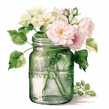 a green glass jar with an English rose,the rose is on the top of the jar on the opening, unimaginable beauty,white with little pink details in the centre of the bloom,An illustration clipart painted by ann buccarelli, watercolour, combo pale colours, insanely detailed, on white background, amazing colour combo, with detailed watercolor bloom, white/ pink/ green, bec winnel, intricately textured, close up, walter Langley, lucy grossmith, heavy impasto technique, detailed shading, atmospheric wate