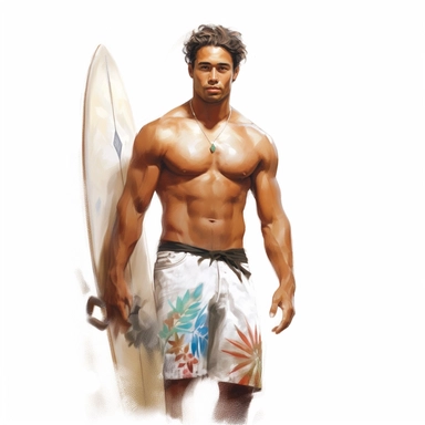 beautiful stunning hawaiian surfer young man , paint art style, clipart, white background, superrealistic, one of a kind
