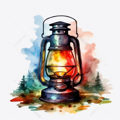 watercolor, Flashlight for camping png Full body realistic cartoon in 32K UHD cute. 15 cm thick outline. Black color. There was no shadow on the ground. 8k with realistic watercolors and detailed illustrations. PNG clipart, transparent white background