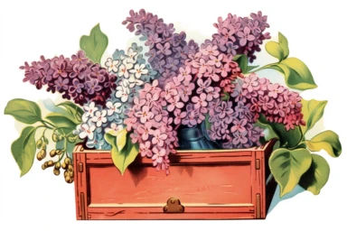 Vintage 1920 detailed open box of lilacs Illustration , Chromolithograph, Die Cut, 1920s Illustration, Vintage, Chromolithograph, Colorful, Antique, Ephemera, Clipart, 8k, Isolated on white