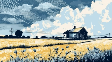 in clipart style, pen and ink, minimalist, in the style of Eric Carle,You find yourself standing in the middle of a sprawling farm, surrounded by fields of tall golden wheat swaying gently in the breeze. The sky above is a brilliant shade of blue, dotted with fluffy white clouds that cast occasional shadows over the fields. In the distance, you can hear the sound of cows mooing