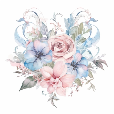 minimalistic and filigree watercolor clipart of a beautiful Dreamy soft pink and light blue flower arrangement for wedding cards, white background, seperated