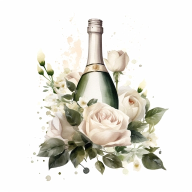 white beige rose border with leaves, champagnes bottle wedding, mystical, beautiful, white background, single clipart, halloween element, Sparkling ,watercolor