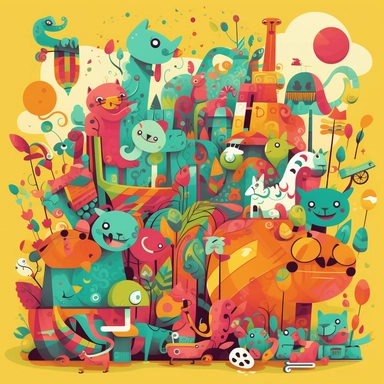A colorful and playful scene featuring a variety of clipart images arranged in a fun and creative way. Think cartoon characters, animals, and objects arranged in a visually appealing manner, with a bold and eye-catching color scheme.