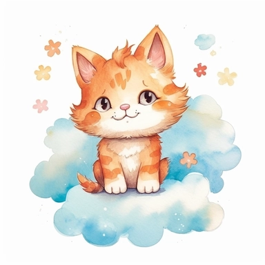 cute colorful cat with cloud clipart, for childish cards, detail, illustration style, high solution, Watercolor, on the white background, hd
