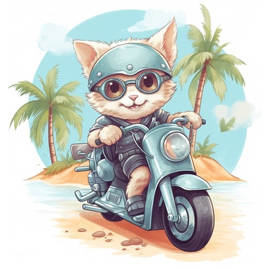 Create a clipart of a cute kitten driving a motorcycle. Pastel colors. White Background with a beach setting and palmtrees, soft lighting.