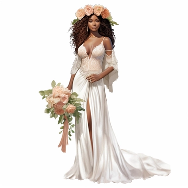 black, african American boho wedding clipart, bride in boho style wedding dress, hyper realistic, detailed, white background