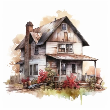 beautiful detailed rustic watercolor farmhouse, clipart, minamlistic