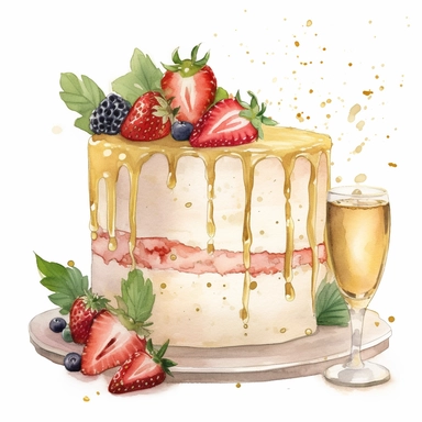 A watercolor, A watercolor, A vanilla bean cake clipart with a champagne buttercream frosting, decorated with fresh strawberries and a sprinkling of gold confetti for a sophisticated touch