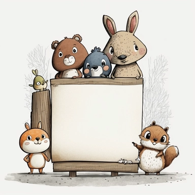 a group of small animals holding a big blank sign, for a storybook illustration, clipart, pencil lines, white frame border, classroom, character sheet, free spaces, isolate, one line, draft, featureless