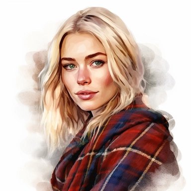 beautiful stunning pretty Scottish young woman , with blonde hair and blue eyes, vintage , paint art style, clipart, white background, superrealistic, one of a kind