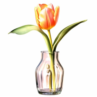 One Orange Tulip in Glass Vase Clipart on a white background, in the style of hyperrealistic illustrations, white and pink, realistic watercolor paintings, holotone printing, precise perspective, high resolution, les nabis, no watermark, text, words, paintbrush, typography , the images don't stick together, no words in the vase