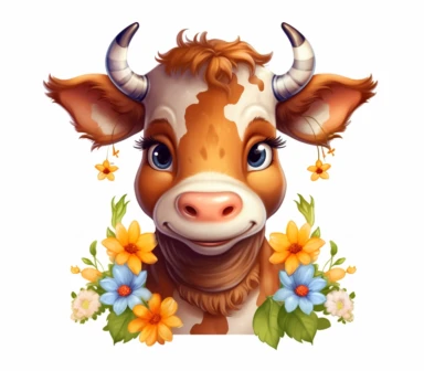 <https://s.mj.run/ClDA9_lOcJ4> cute cow for toddler book wearing flowers, clipart on white background