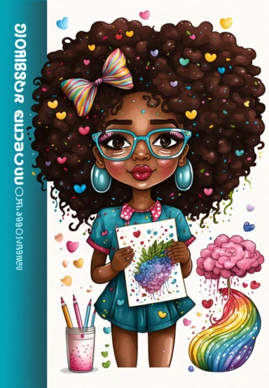 2d watercolor clipart kawaii, spring, april, character of beautiful african american woman, Intricately rendered dark Skinned woman, full body portrait, intricately rendered, 8k, long thick curls brown hair, bubbles in hair, sparkles, generously detailed, hyper realistic, digital, long rainbow eye lashes, beautiful retro comic urban chick, asymmetrical, books, nerdy, glasses, 8k,