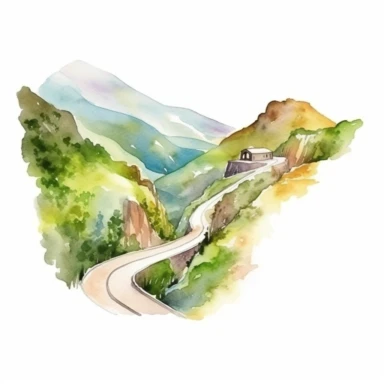 A watercolor painting of a mountain pass with a winding road and a waterfall, Watercolor clipart, isolated on white background