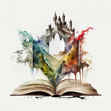 Clipart, Mythical Watercolor Castle Emerging from an Open Book, no background, hd