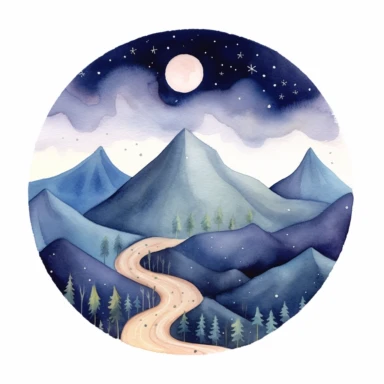 Simple mountain range with Whimsical rolling hills and mountains for a children's book, night scene, watercolor, clipart, white background