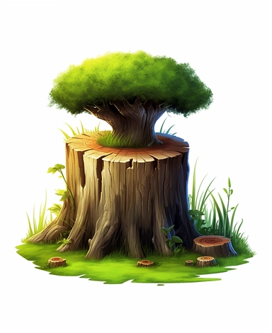 cartoon-style, 3d, realistic, tree stump with grass, clip art,