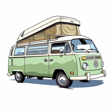 in clipart style, A meticulously crafted illustration of a Green 1970 Volkswagen Westfalia Camper with a raised roof highlighting its iconic design and graceful contours, placed against pure white background (style: evoking the accuracy and refinement of classic automobile blueprints) (lighting: deliberate, directional lighting, casting gentle highlights and shadows on the car's structure) (colors: an elegant palette of red for the Volkswagen's body set against a pristine, white backdrop) (compo
