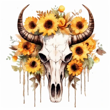 cow skull with horns and sunflowers on the head, watercolour, clipart