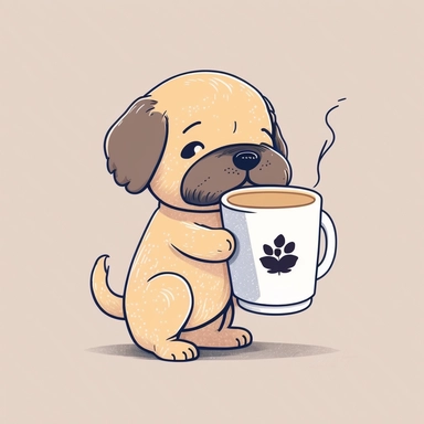 cute illustrated dog with coffee cup in hand, illustration, simple, dog, clip art, design